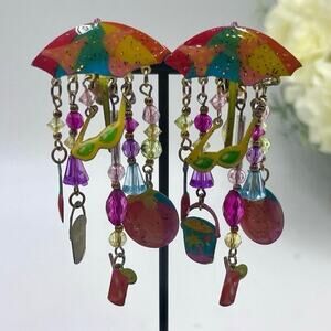 Vintage Designer Watta/Kcfa Multi-Colored "Fun In The Sun" Dangle Clip Earrings